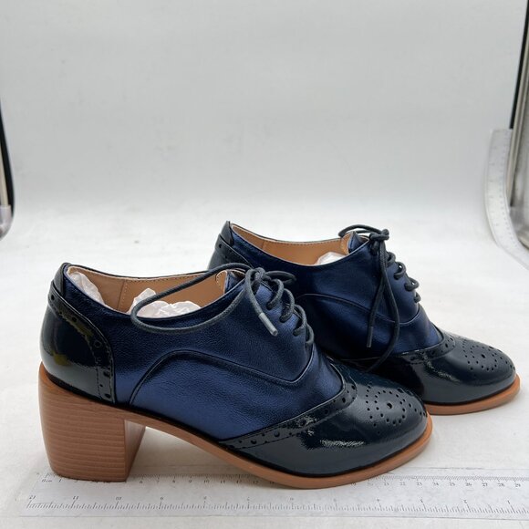 FOWT Women's Perforated Lace-Up Oxfords Mid Chunky Heel Derby Shoes Blue Shoes - Picture 4 of 8